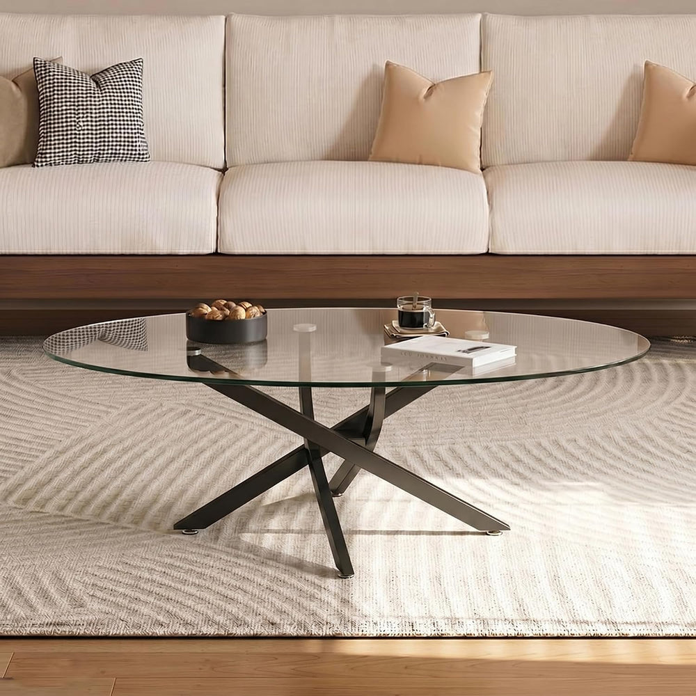 Henf Oval Glass Coffee Table, 39.4'' Transparent Top, Black Metal Legs