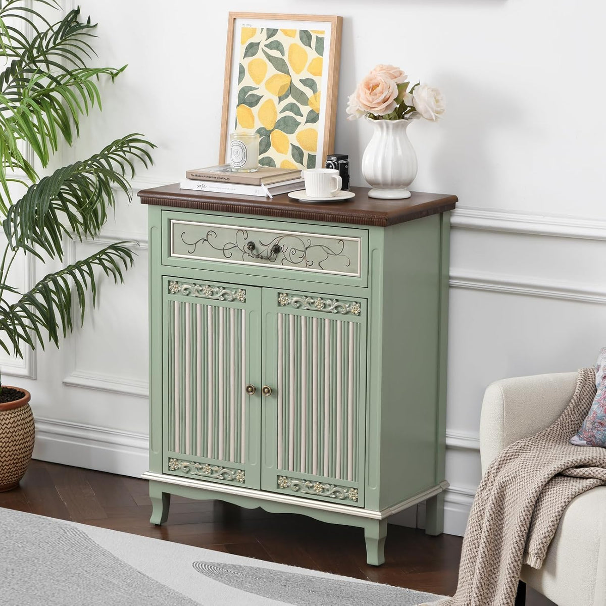 Ahokua Sage Green Accent Cabinet with Drawer and Textured Doors, Farmhouse Storage Cabinet with Adjustable Shelf, French Country Entryway Cabinet for Living Room, Hallway and Dining Room
