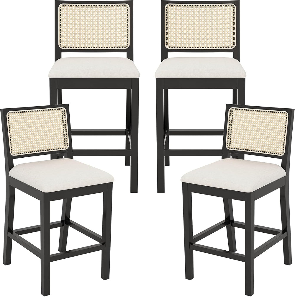 Rattan Bar Stools Set of 4, 26" Counter Height, Durable Black Wood Frame