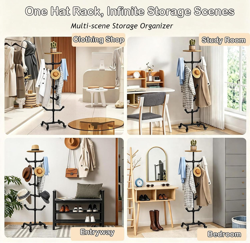 uyoyous Industrial Standing Hat Rack on Wheels with 10 Hooks