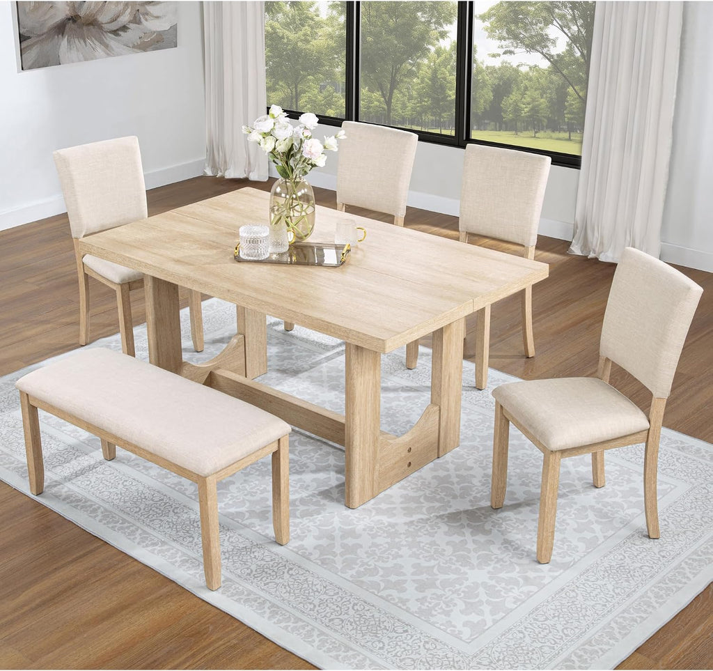 Merax Farmhouse Rectangular Dining Table with U-Shaped Base, 4 Upholstered Chairs and Bench for Kitchen Living Room, Light Oak+Beige (6 Piece)
