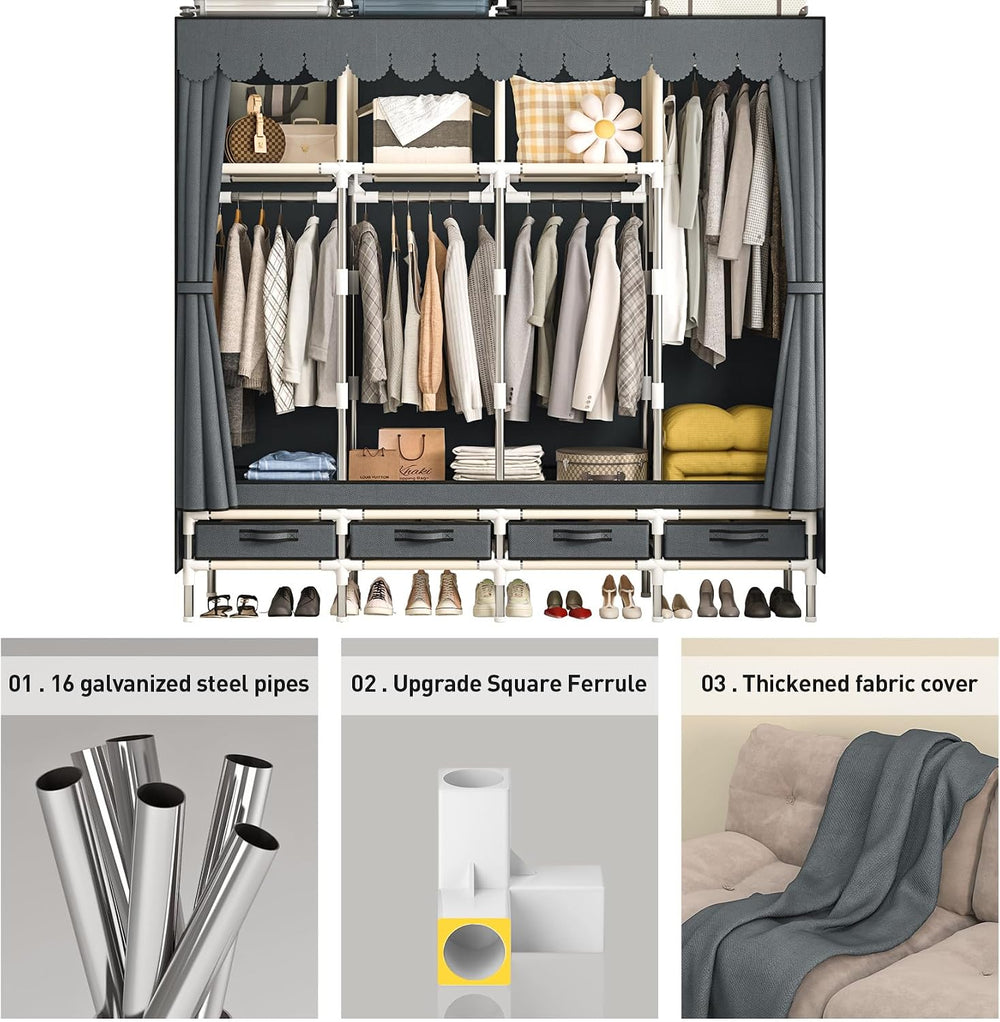Large Portable Wardrobe with 4 Hanging Rods and Drawers, Armoire, Metal Stora...