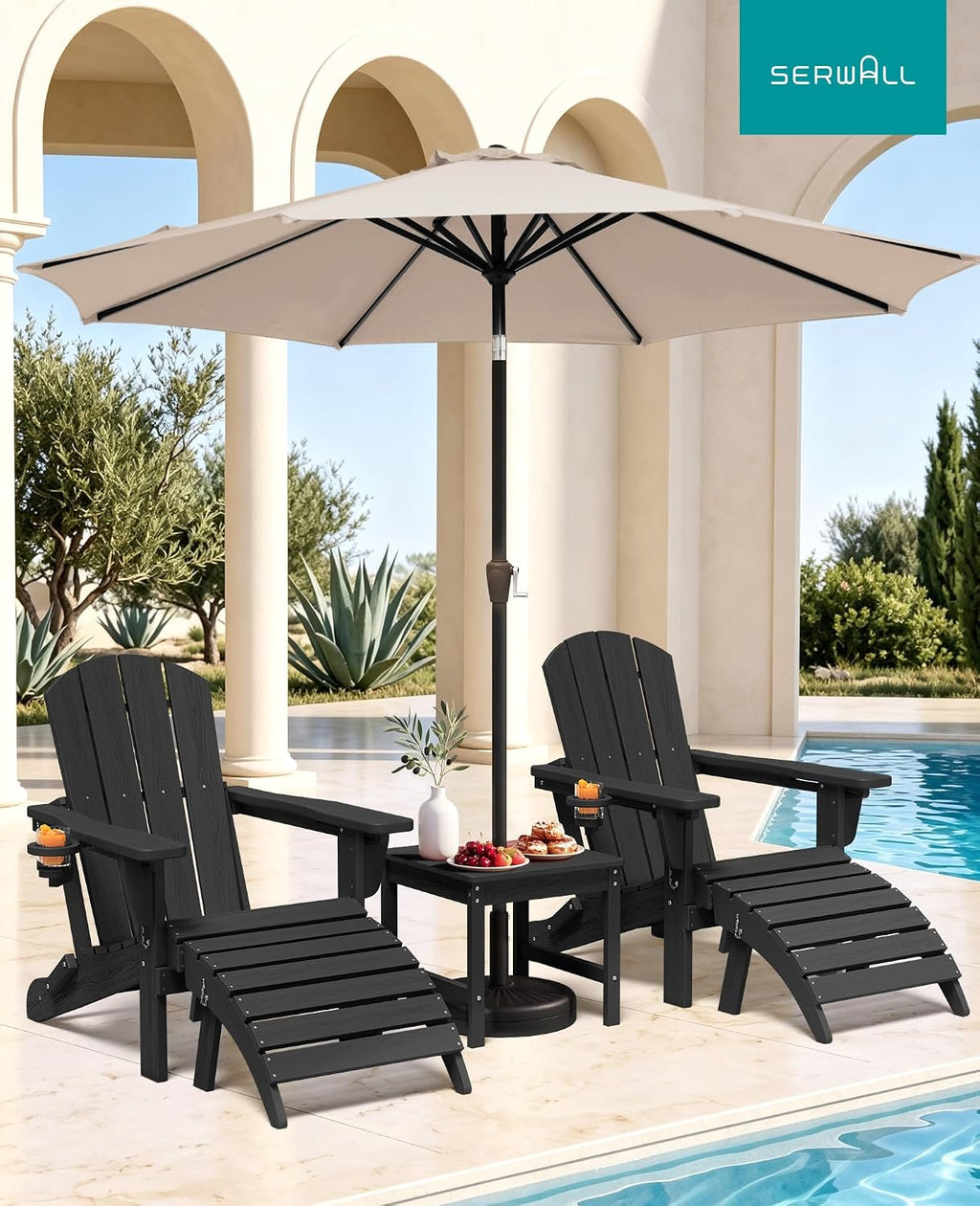 SERWALL 5-Piece HDPE Adirondack Chair and Ottoman and Table Set, Black