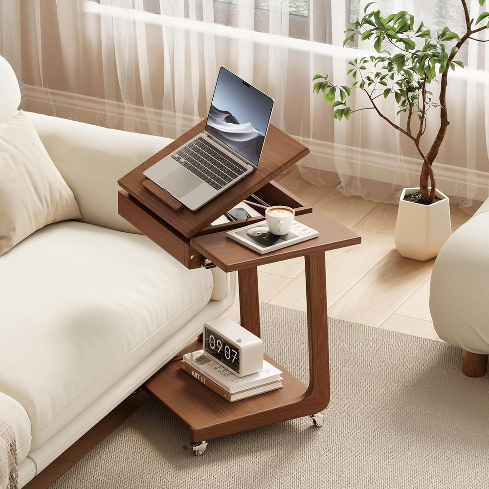 Solid Wood C Shaped End Table for Couch, Walnut Couch Desk