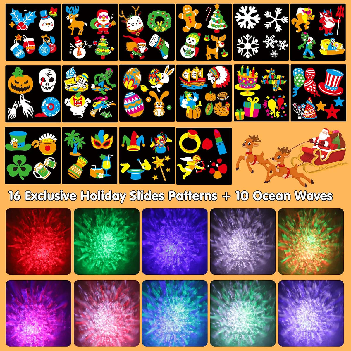 2025 Upgrade Halloween Christmas Projector Lights,2-in-1 Moving Holiday Landscape Lights,30 HD Wave Ocean Effects,Outdoor Waterproof Projection Light for Xmas Halloween Party Garden Decorations