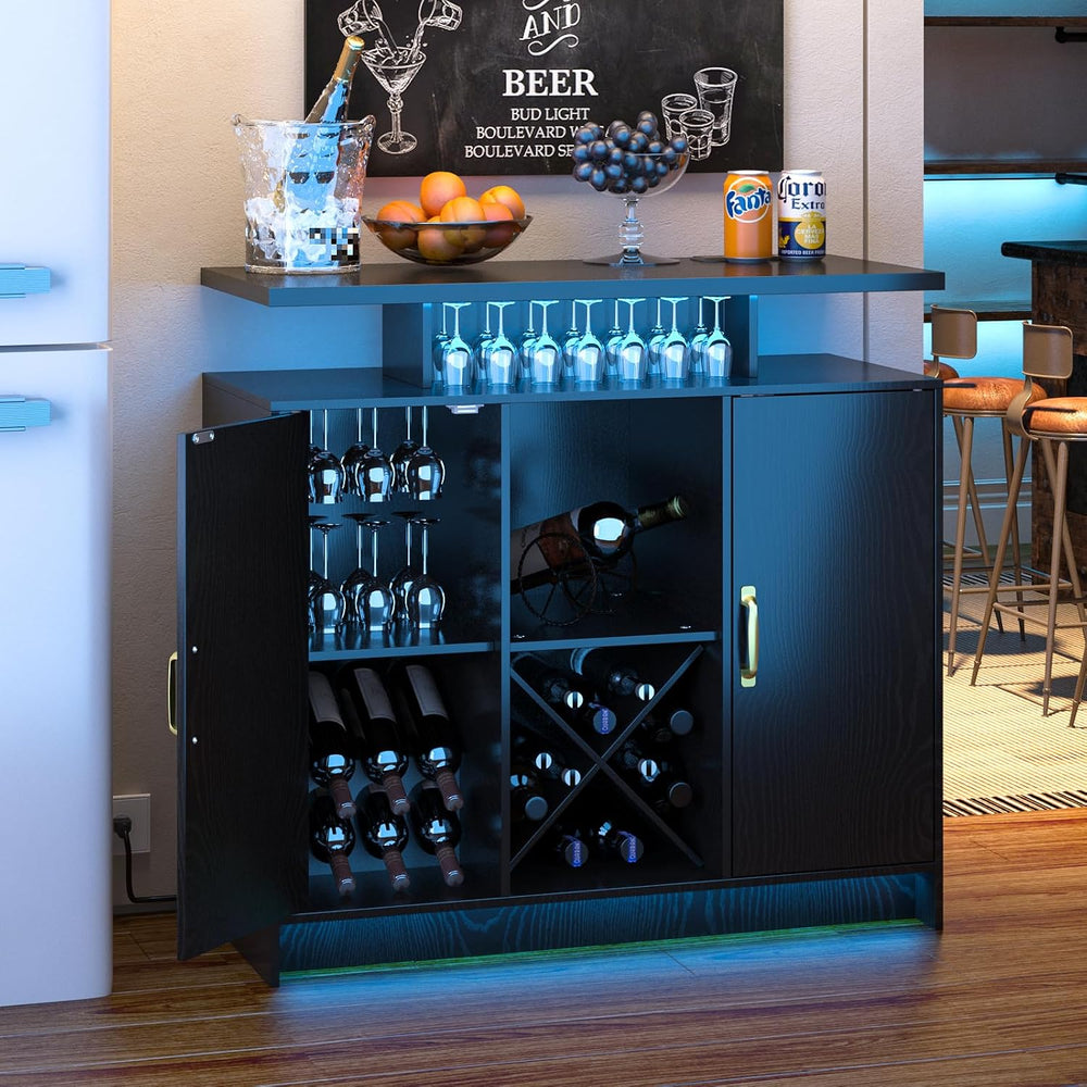 Wine Bar Cabinet with Power Outlet and LED Light for Dining Room