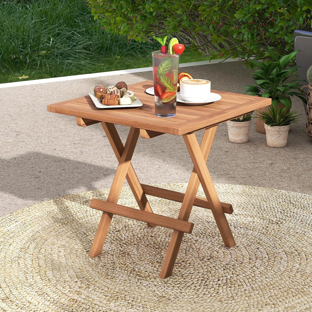 Tangkula Patio Folding Side Table, Teak Wood Square End Table with Slatted Ta...