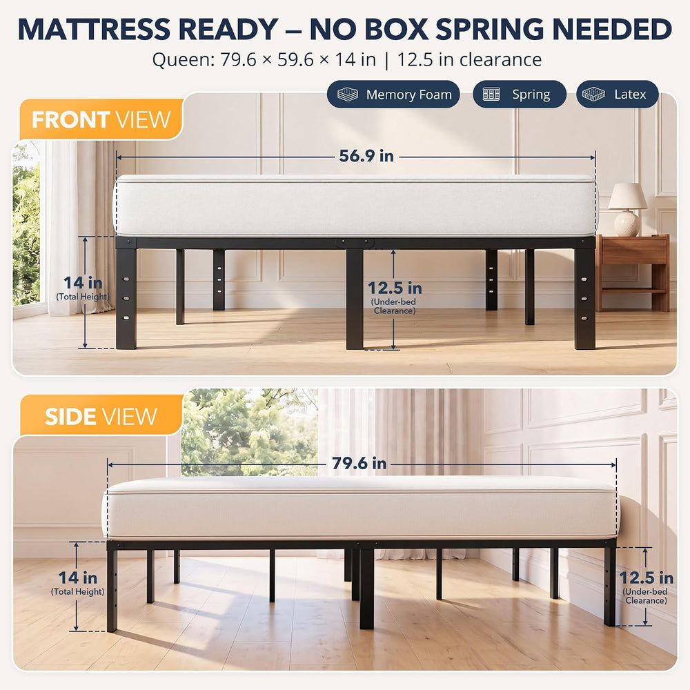 Queen Bed Frame 11 Points Support Metal Platform Bed with Storage Space