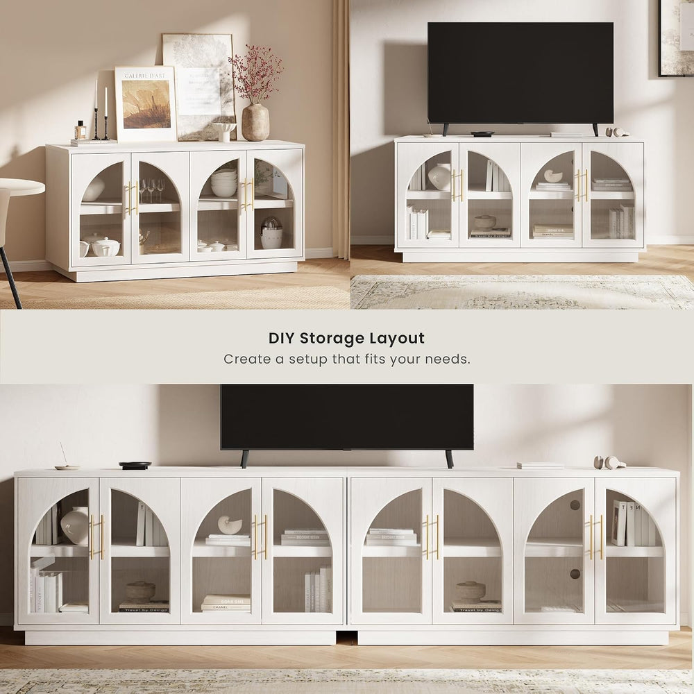 59" Sideboard Display Cabinet Arched Glass Doors,White Oak