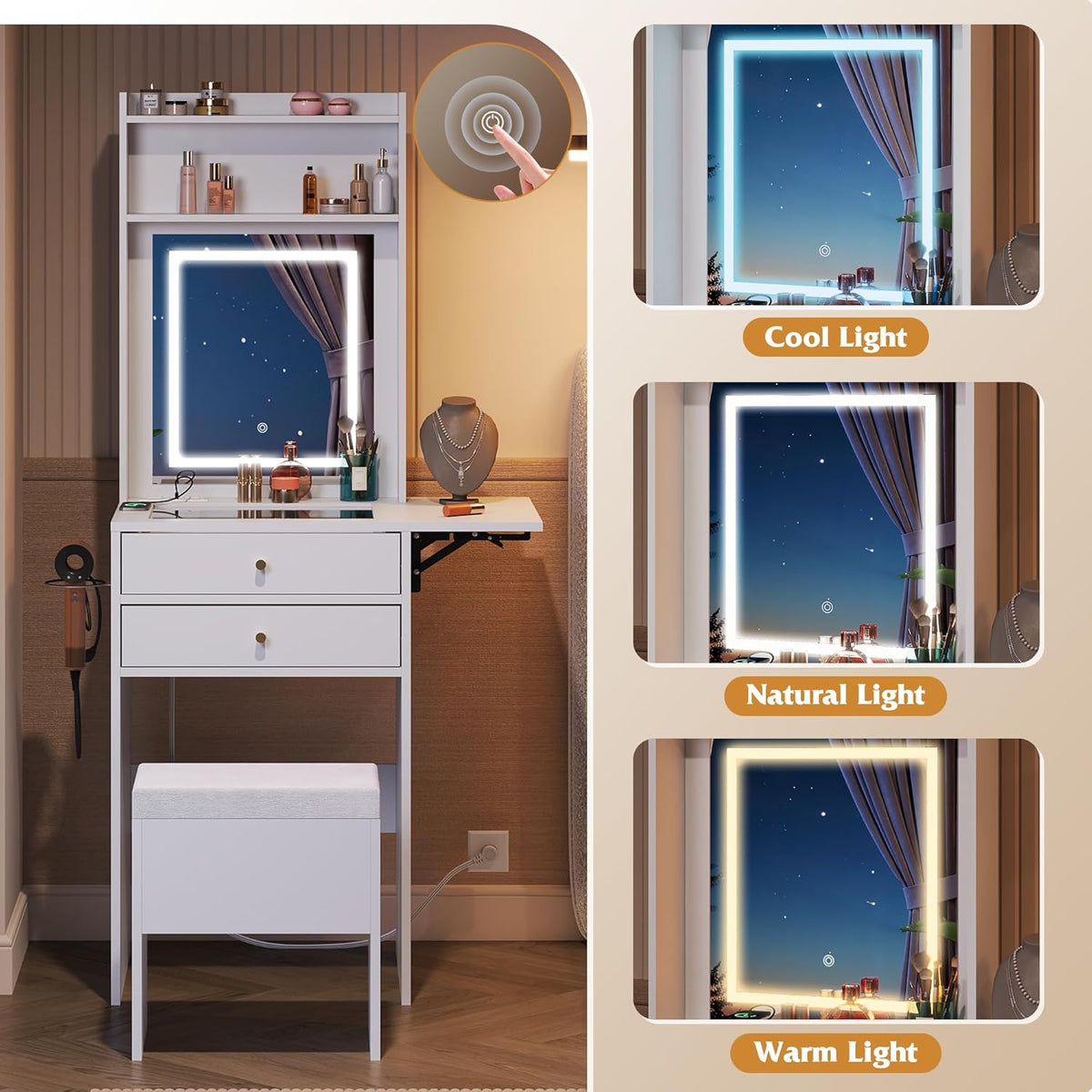 WLIVE Small White Vanity Desk with Mirror and Adjustable Lights for Girls | Compact Makeup Vanity Set with Fold-up Panel, Womens Vanity Table with Charging, 2 Drawers Vanity with Glass Top for Bedroom