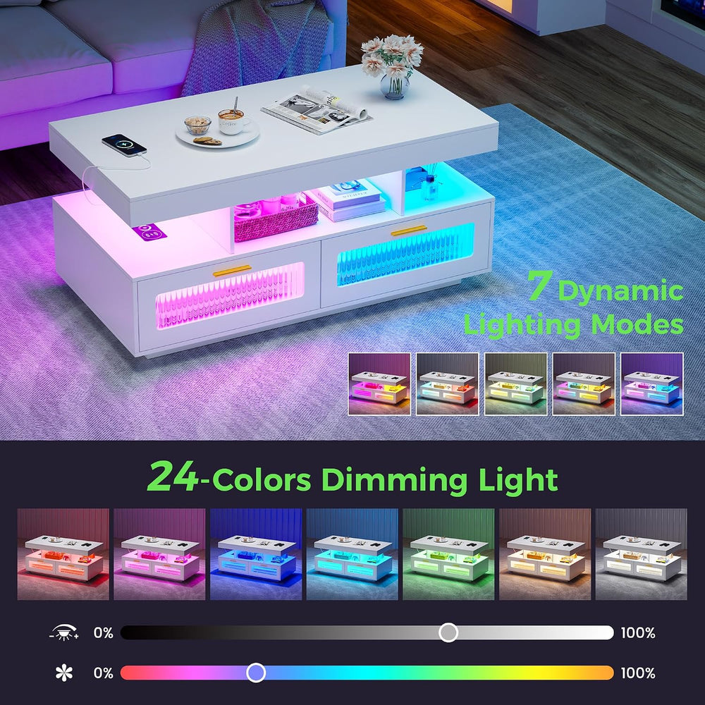 HNEBC LED Coffee Table with Wireless Charging Station for Living Room,White