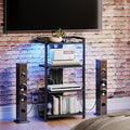 HOOBRO 4-Tier AV Media Stand with Charging Station and LED Light, Wooden Stereo Stand, Rack Audio Tower, Corner TV Stand, Entertainment Device, Black BB38UDCJ01