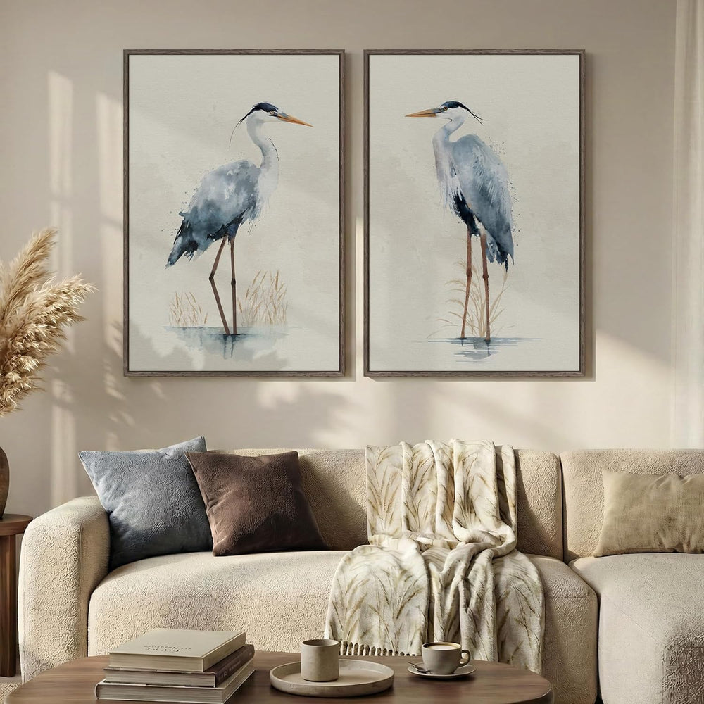 Large Framed Vintage Neutral Blue Heron Bird Wall Art, 2 Piece 24x36 In