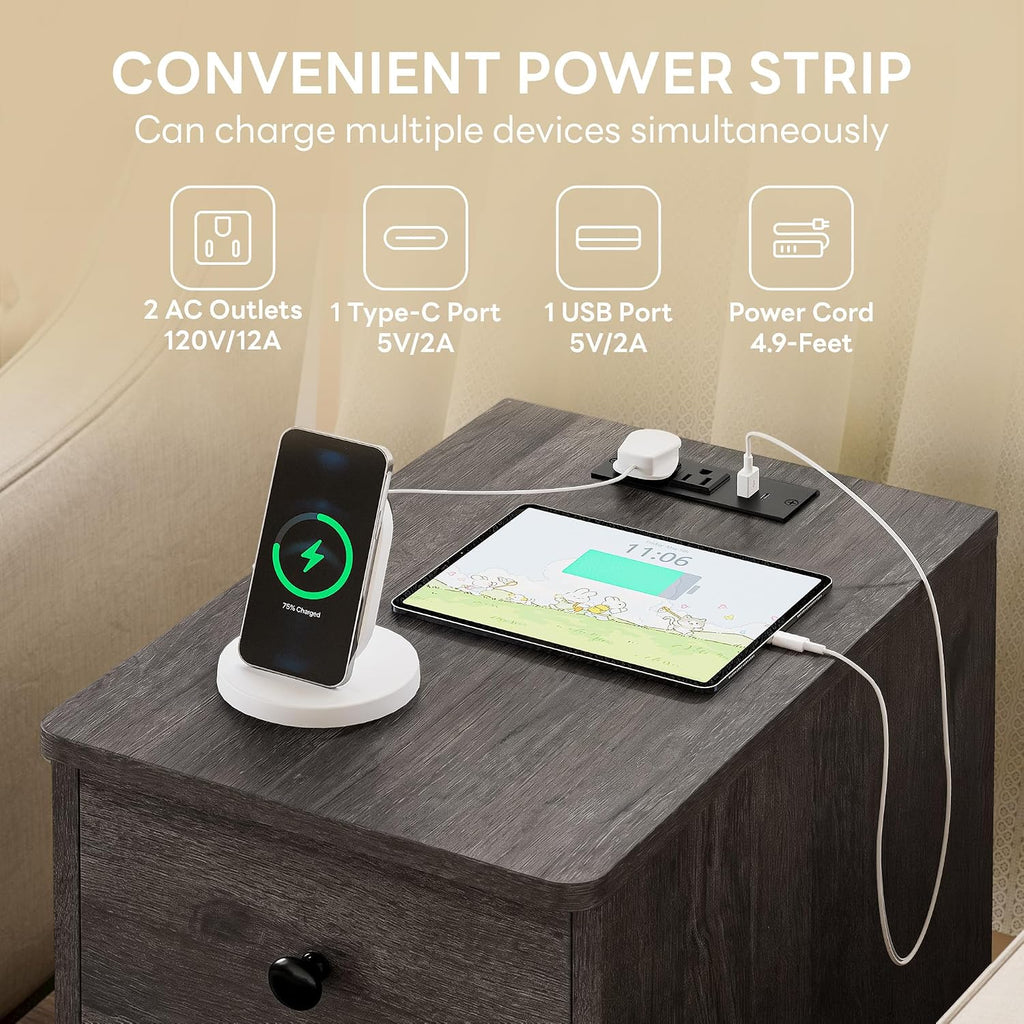 LIKIMIO Nightstand with Charging Station, 3 Drawers Modern for Bedroom