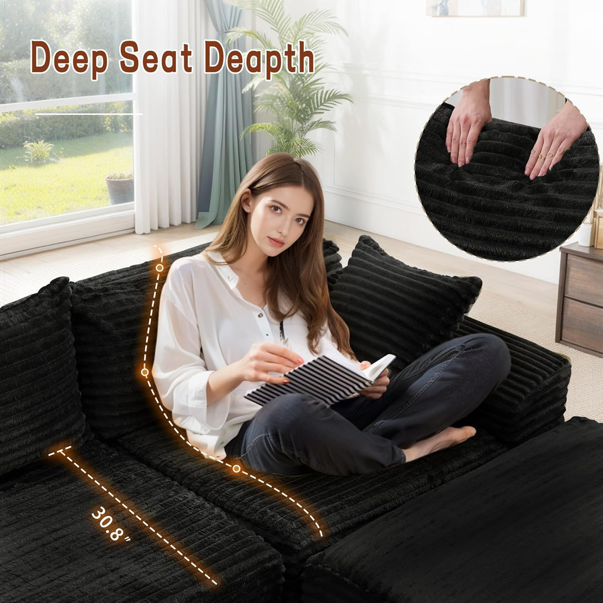 Korser 110" L-Shaped Modular Sectional Sofa with Chaise, Comfy Corduroy Fluffy Couch with Deep Seat and Side Pockets, Flexible Module Combination for Living Room, No Assembly, Side Pockets