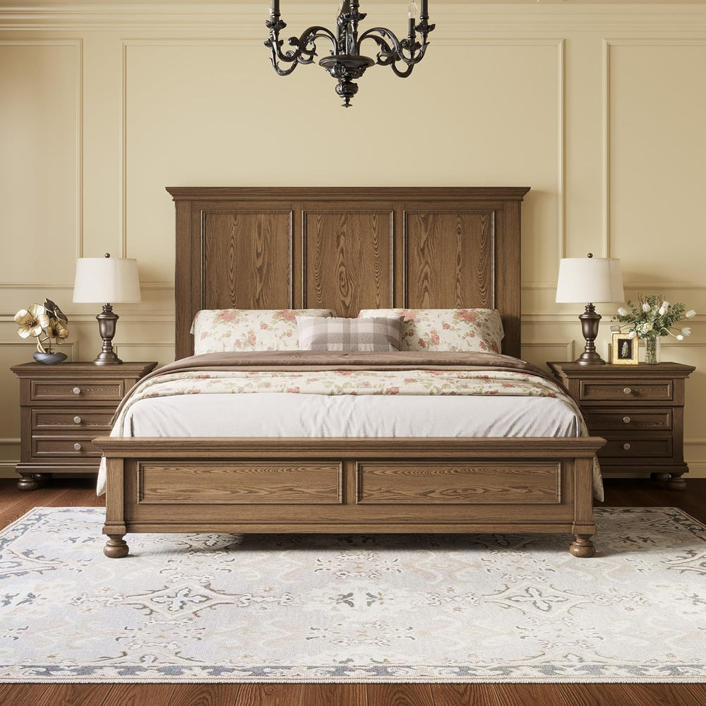 AMERLIFE Solid Wood 3-Piece Set, Queen Bed & 2 Nightstands, Light Brown