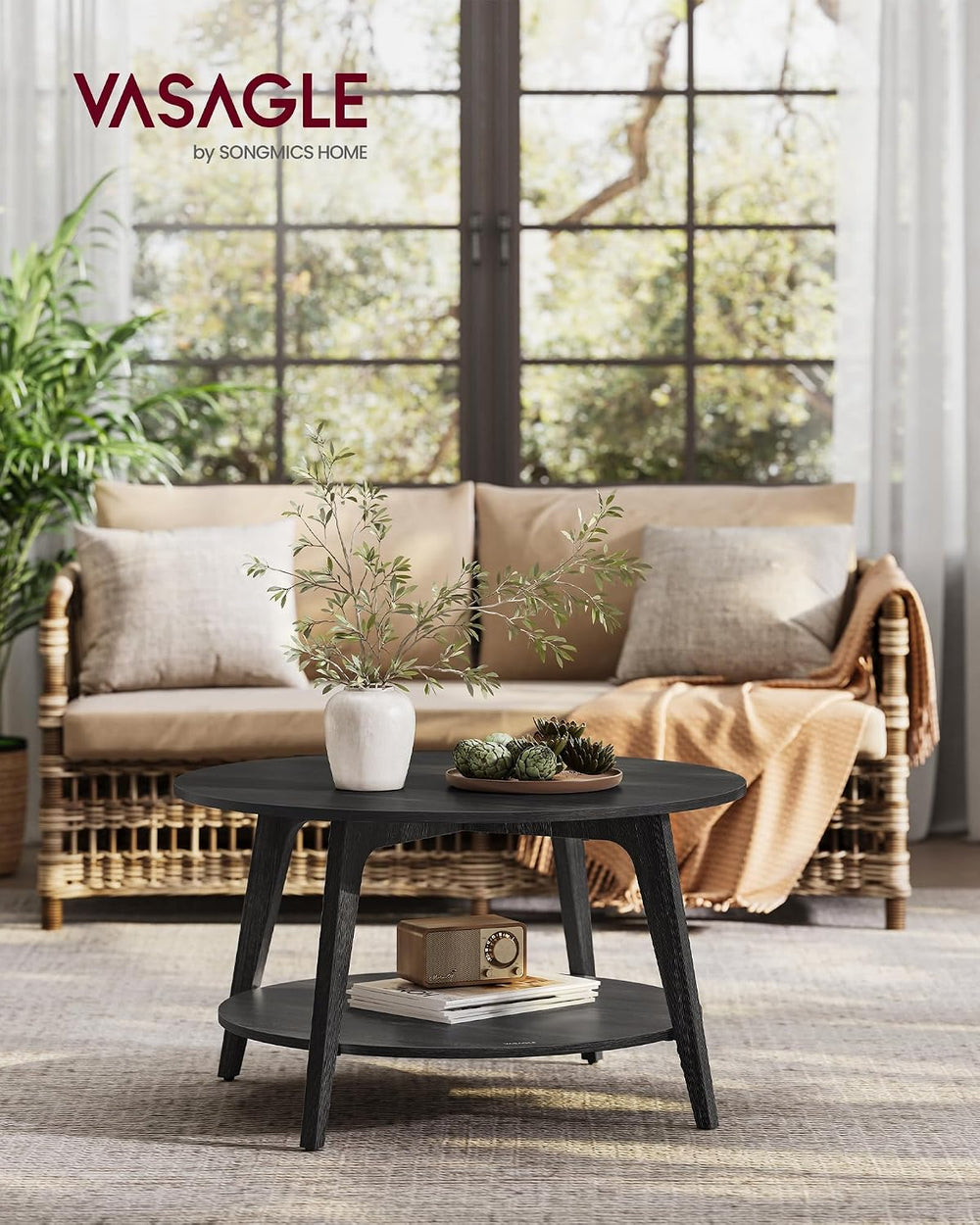 VASAGLE Round Coffee Table, 2-Tier Center Table with Storage, Tapered Legs