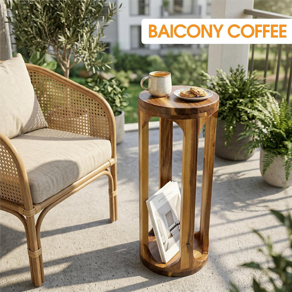 ENKEZI No Assembly Small Side Table, 24 Inch Tall Real Acacia Wood Slim End T...