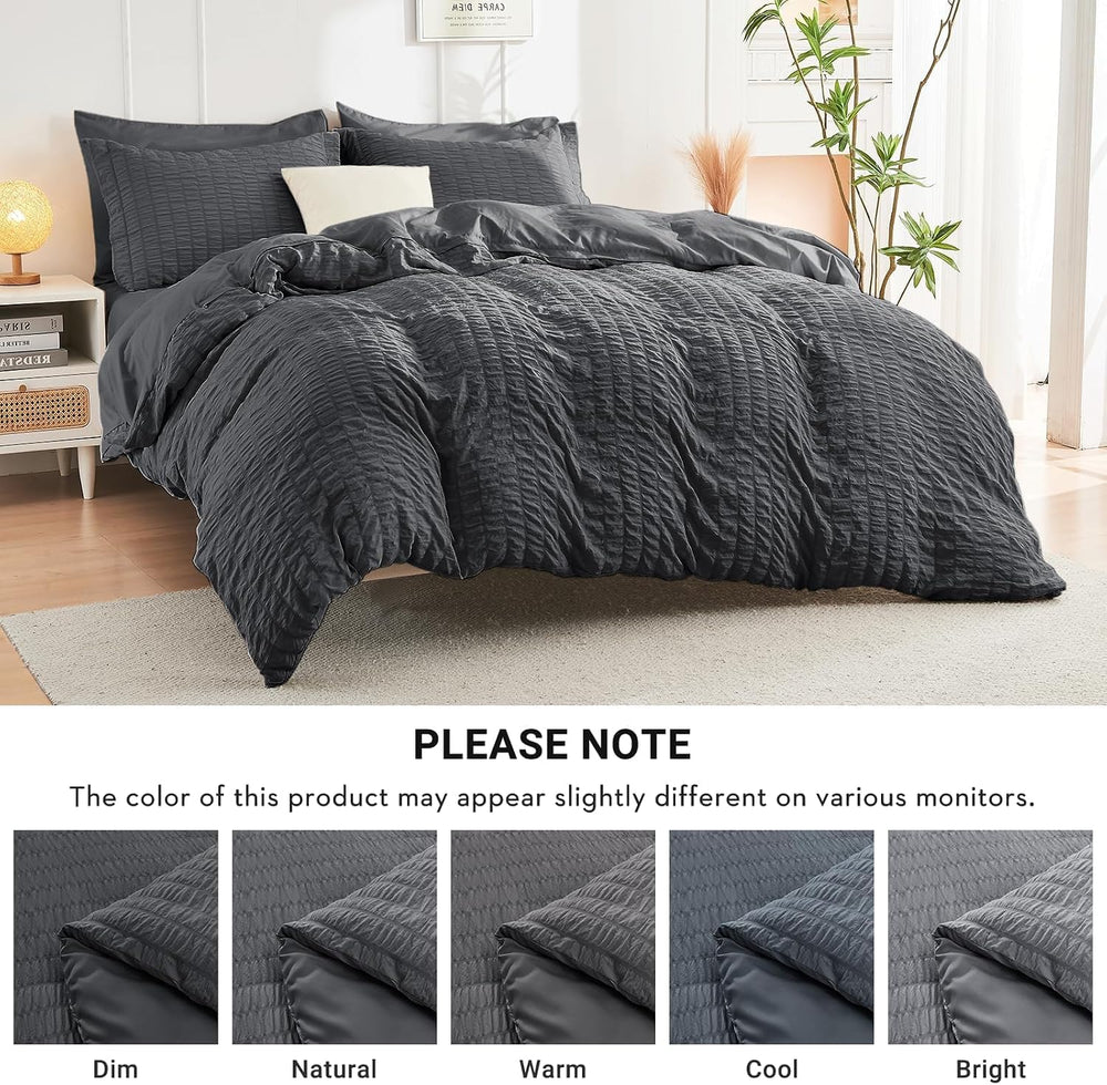 King Comforter Set - 7PCS Bed in a Bag, Seersucker Bedding Set, Dark Grey
