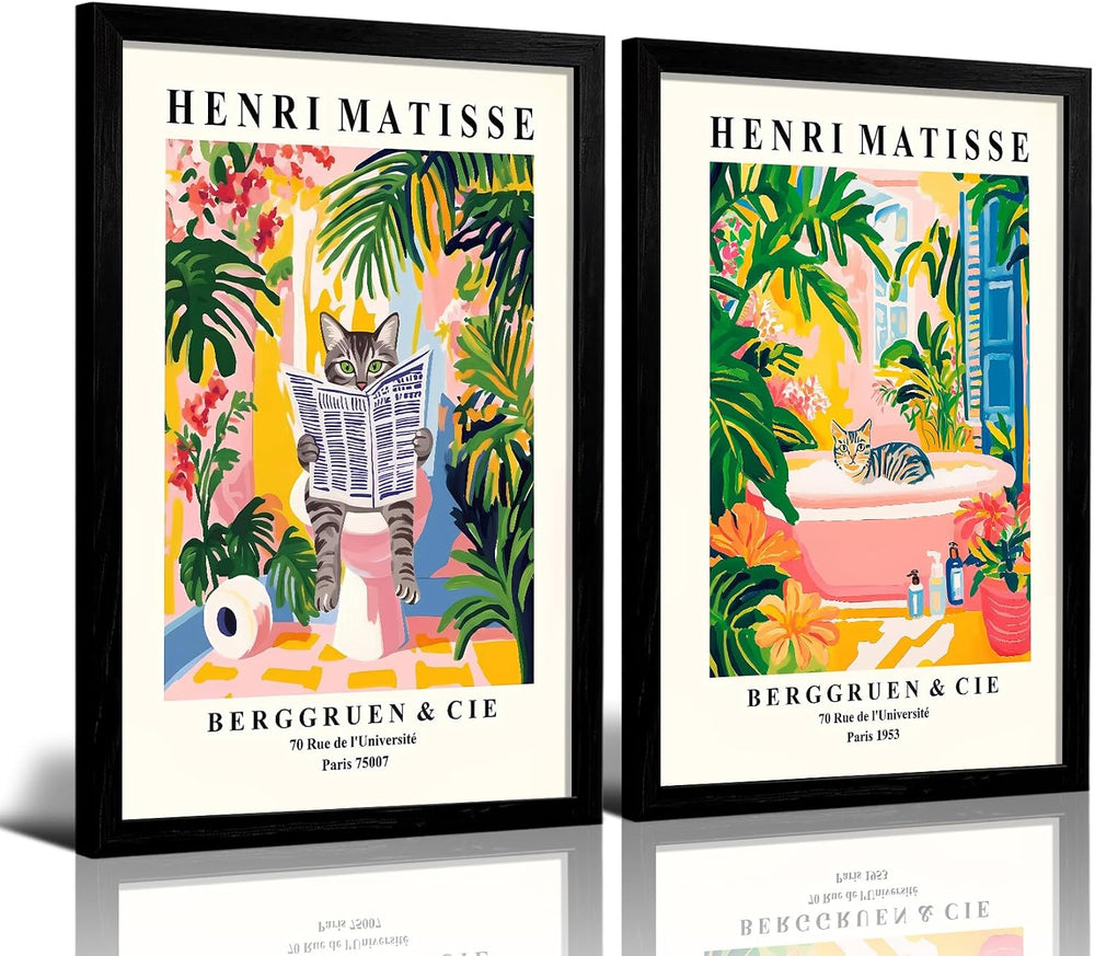 RIGNTSWP Matisse Inspired Cat Wall Art Set of 2 12x16 Inch Canvas Framing