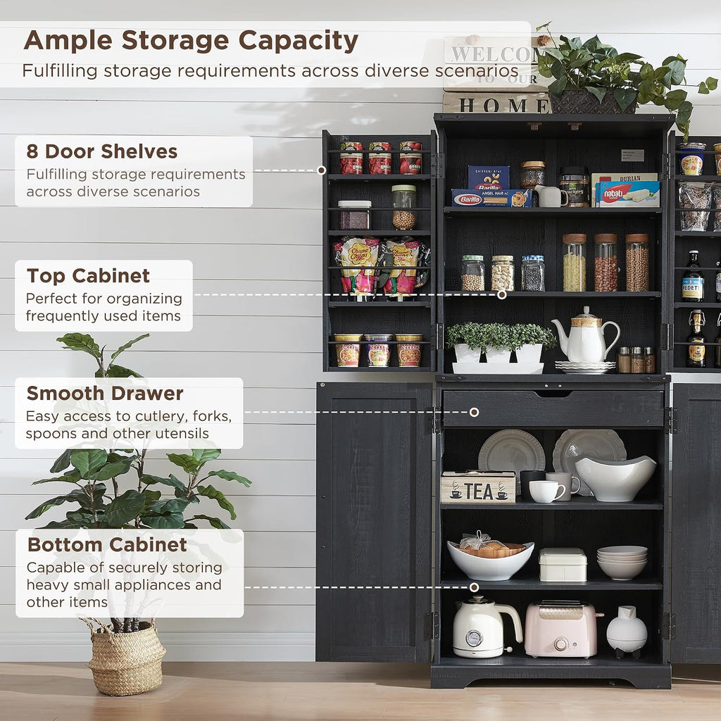 ACCOHOHO 72" Tall Wooden Pantry Storage Cabinet with Door Shelves & Drawer