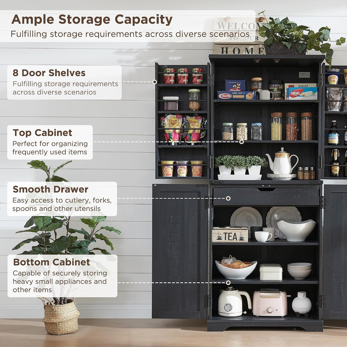 ACCOHOHO 72" Tall Wooden Pantry Storage Cabinet with Door Shelves & Drawer