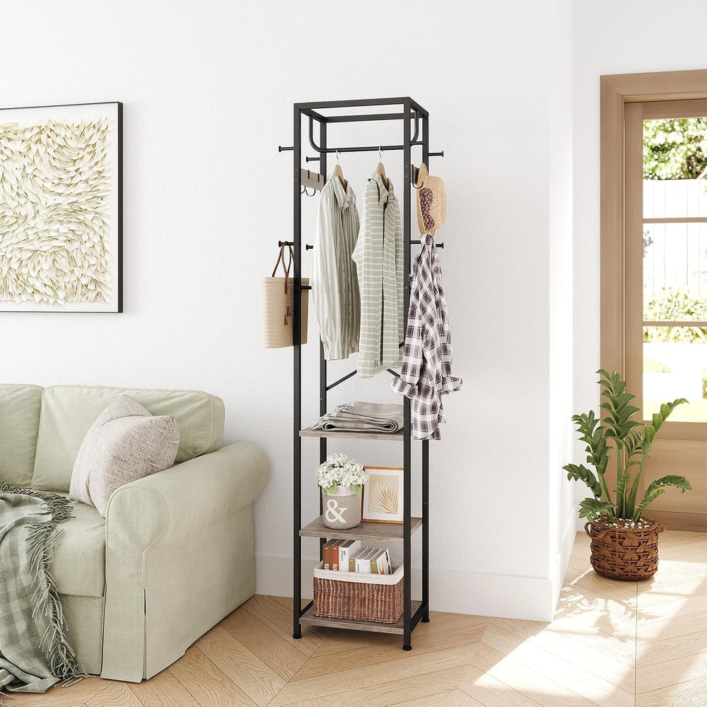 Coat Rack Freestanding, Hall Tree with 3 Shelves and 12 Hooks, Greige