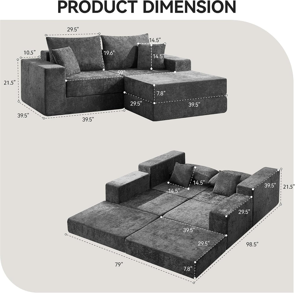 79" Boneless Couch with Ottoman, Compressed Sleeper Sofa Bed, Dark Grey
