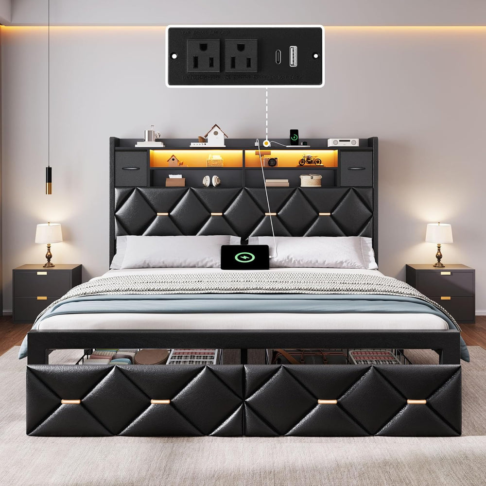 YITAHOME Queen Size Bed Frame with 2 Storage Drawers and Storage Headboard