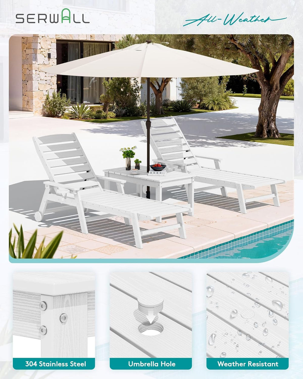 SERWALL HDPE Outdoor Coffee Table with Umbrella Hole, White