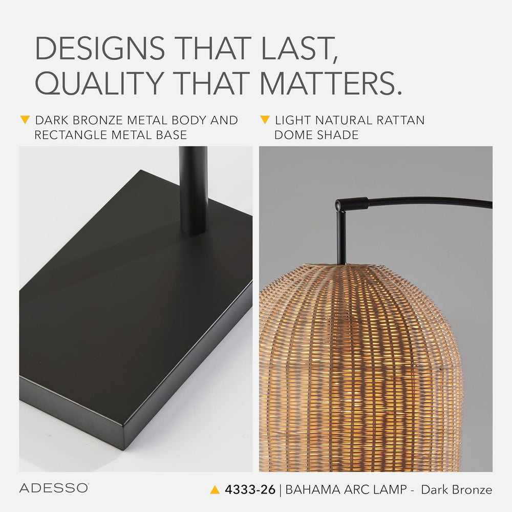 Adesso Floor Lamp, Bronze & Natural Rattan, Coastal Design, 80”