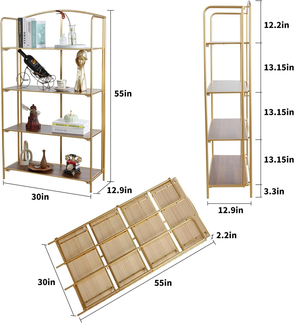 Crofy 4-Tier Wider Foldable Bookshelf, Gold Frame & Walnut Shelves