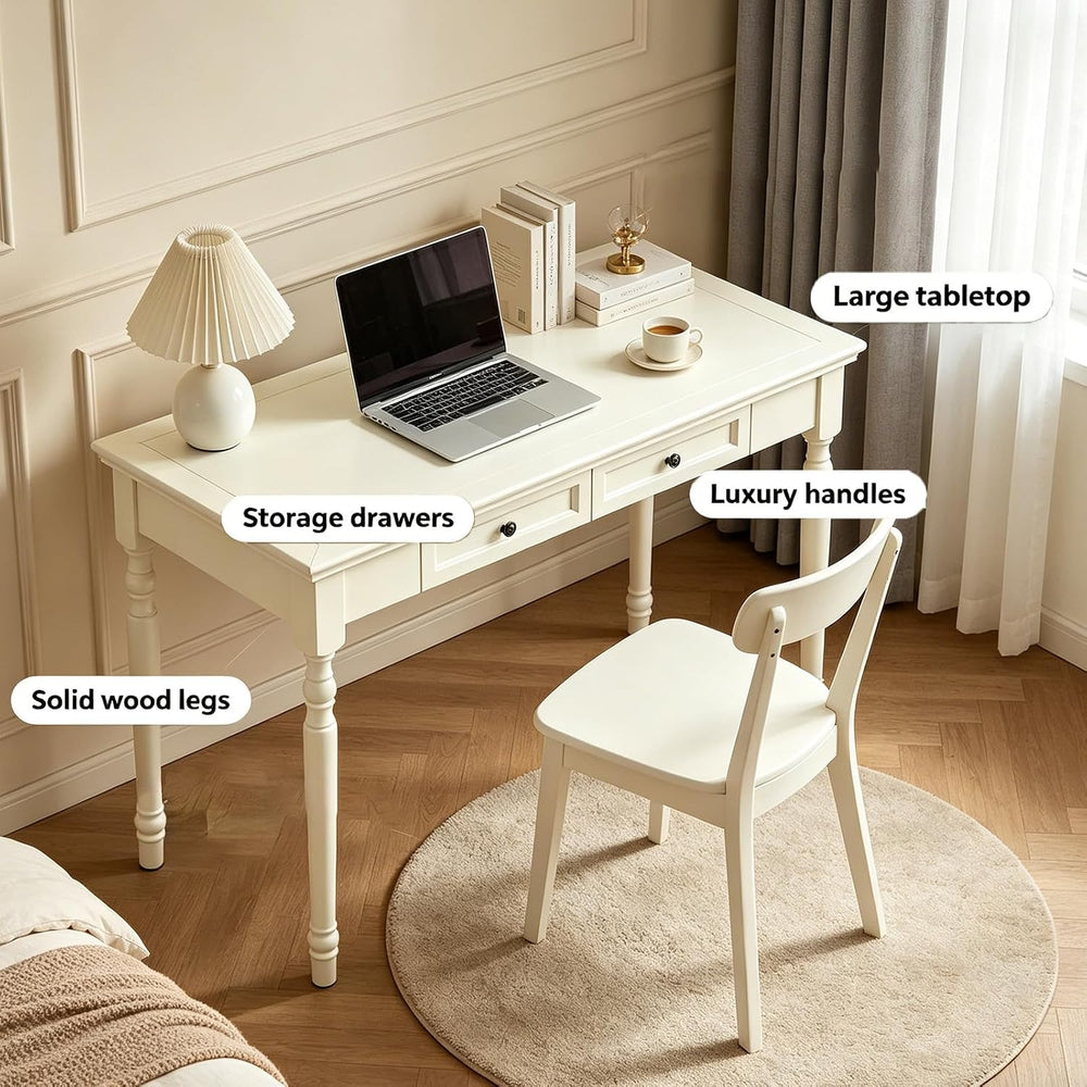 French Country Style Writing Desk with Drawers, White, 35"