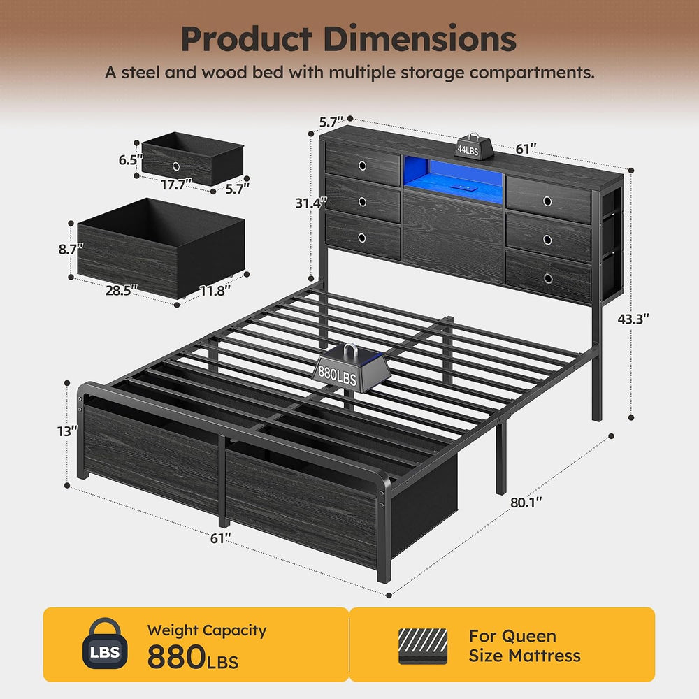 Homkdom Queen Size Bed Frame with 8 Drawers and Charging Station,Black