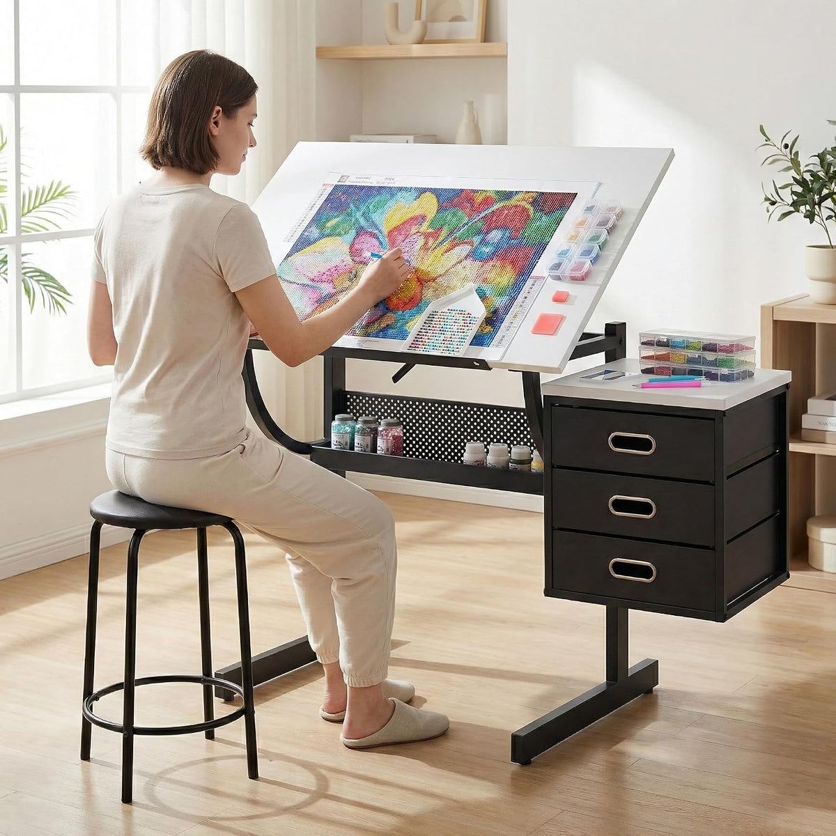 Adjustable Drawing Table with 3 Drawers & Stool, for Art & Work