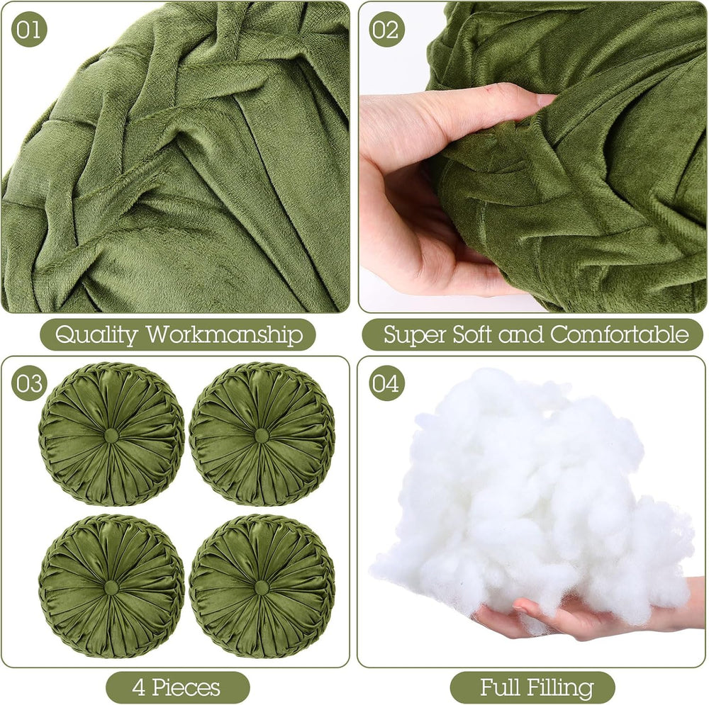 Kathfly 4 Pcs Round Throw Pillows Velvet Pleated Pillows, Olive Green