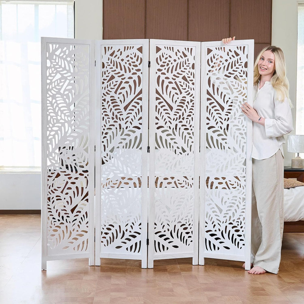 Leaf-Carved Room Divider Privacy Screen - 67 Inch Tall Foading Decorative Woo...