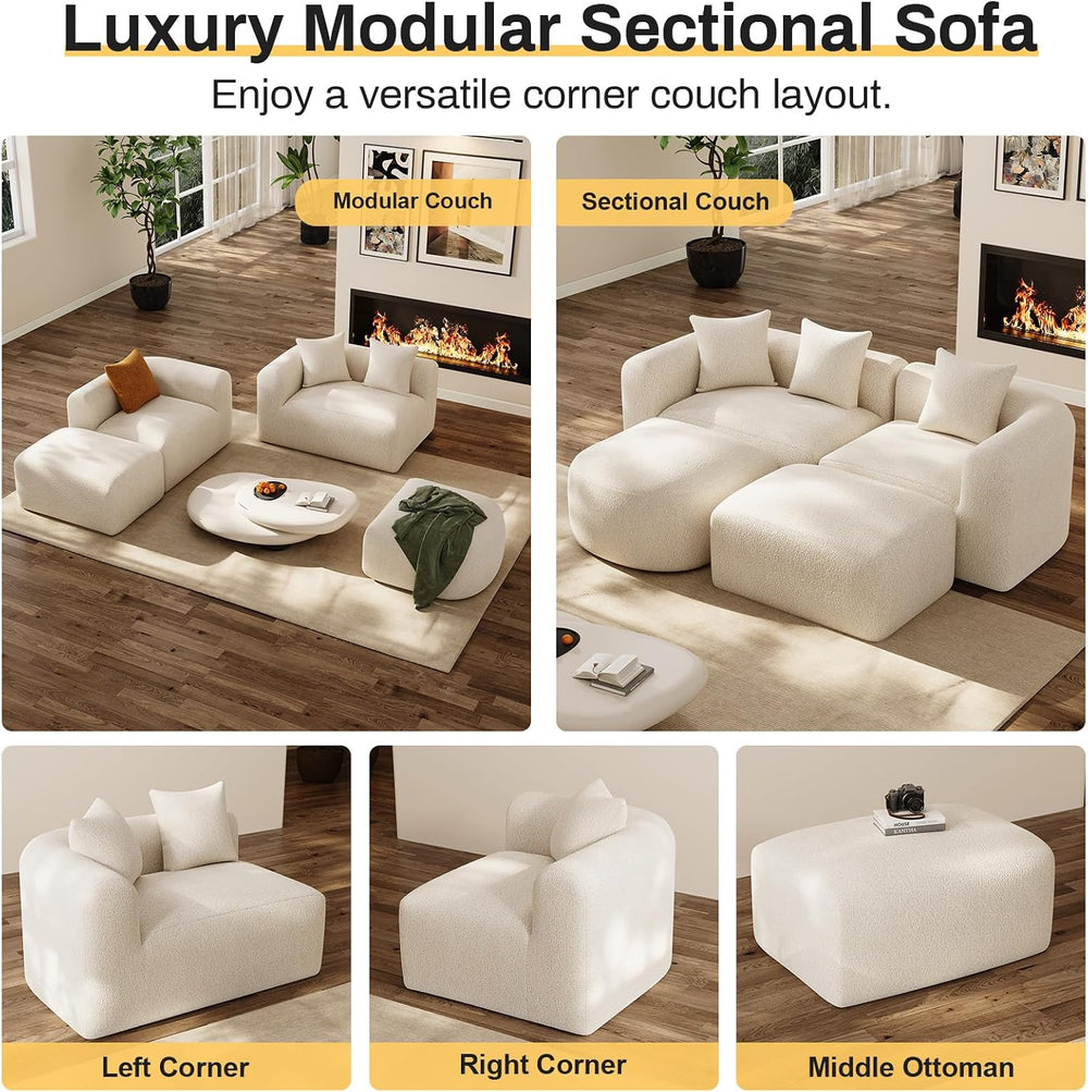 OUYESSIR 119" Curved Modular Sectional Sofa with Ottoman, Cream White