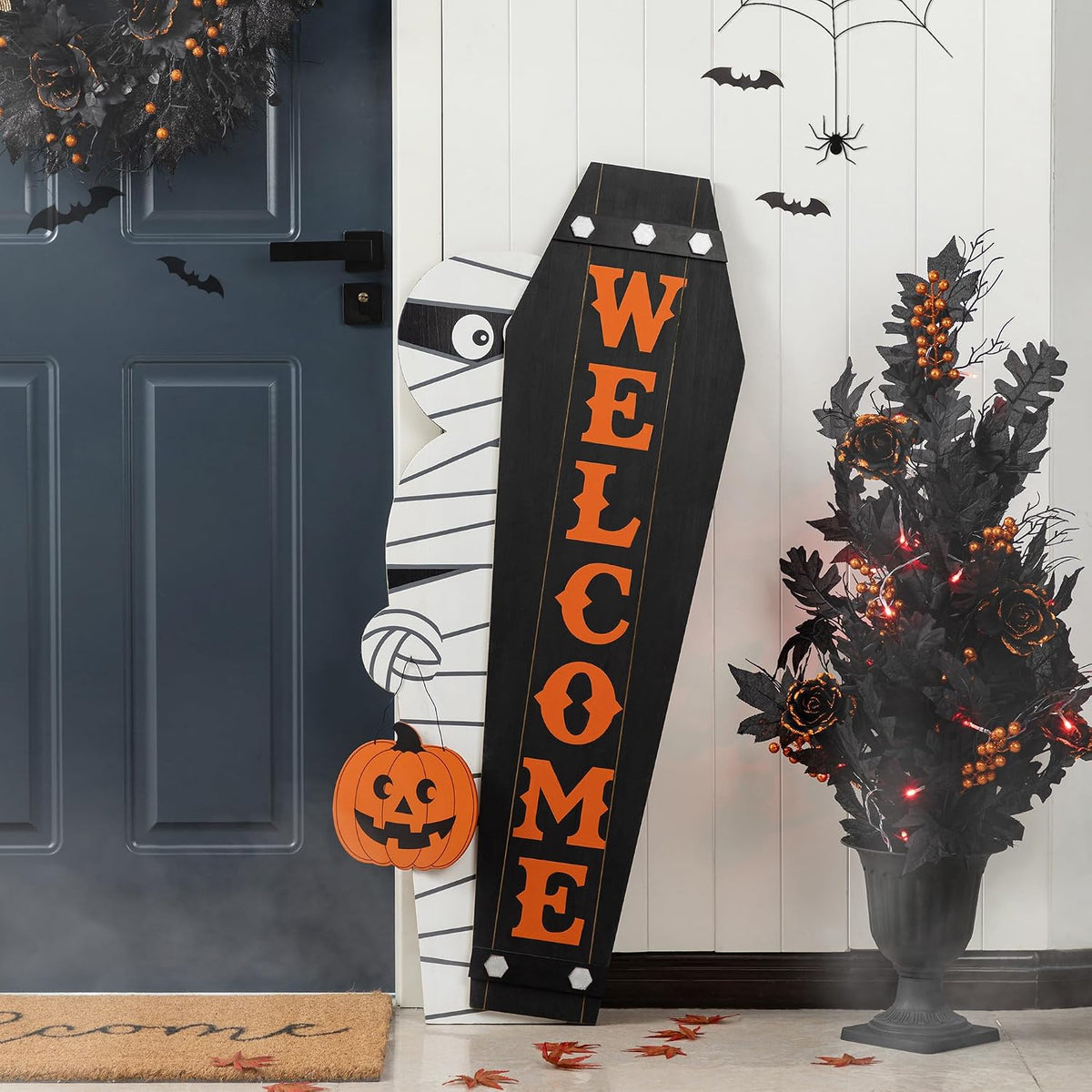 Glitzhome 38"H & 42"H Halloween Wood Mummy & Welcome Coffin Porch Decor, Solid Wood Halloween WELCOME Signs, Vertical Hang or Free-standing Yard Sign for Front Door Farmhouse Spooky Outdoor
