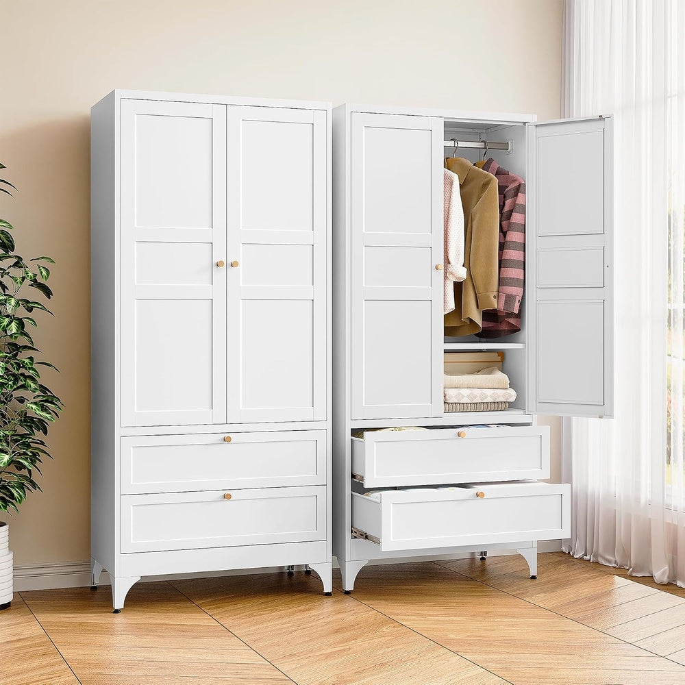 BYNSOE 71" Tall Metal Wardrobe Closet with 2 Drawers, Steel Armoire Cabi...
