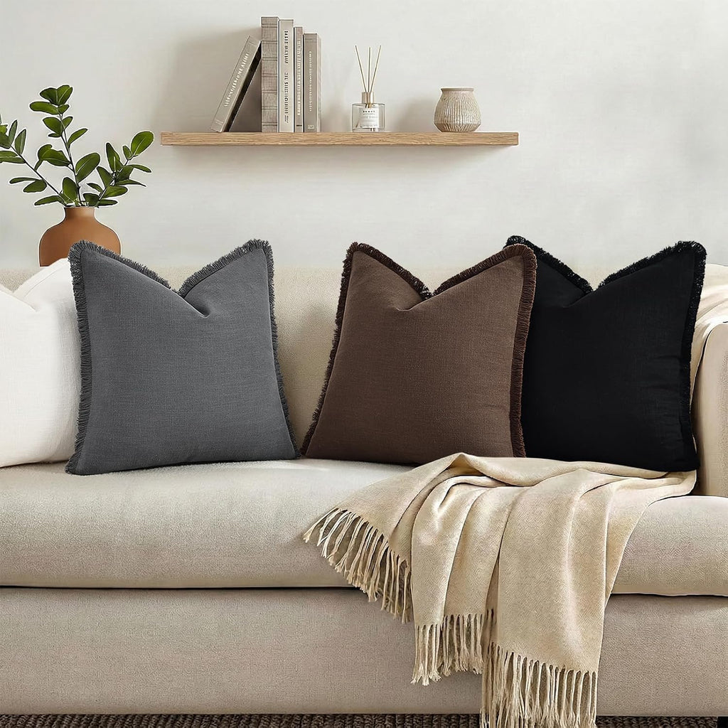 decorUhome Linen Fringe Chocolate Throw Pillow Covers 18x18 Set of 2