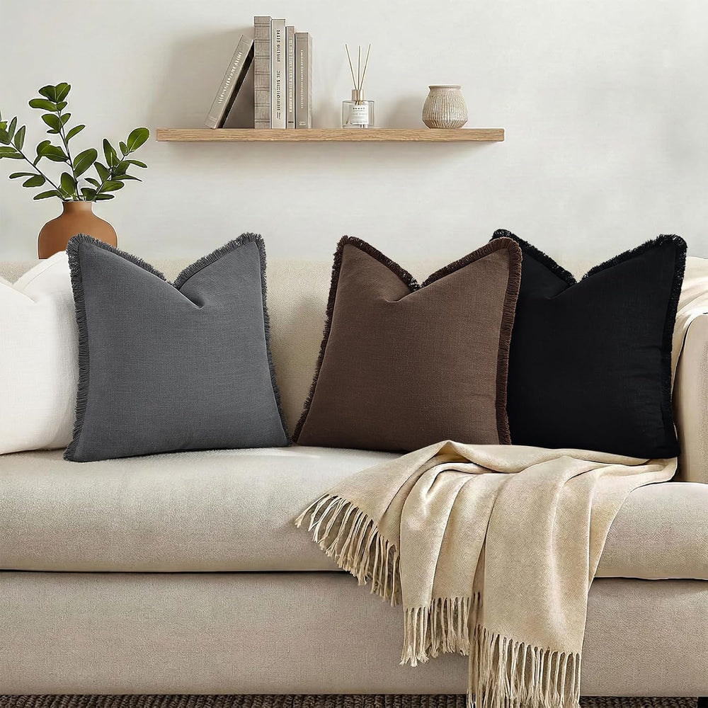 decorUhome Linen Fringe Chocolate Throw Pillow Covers 20x20 Set of 2