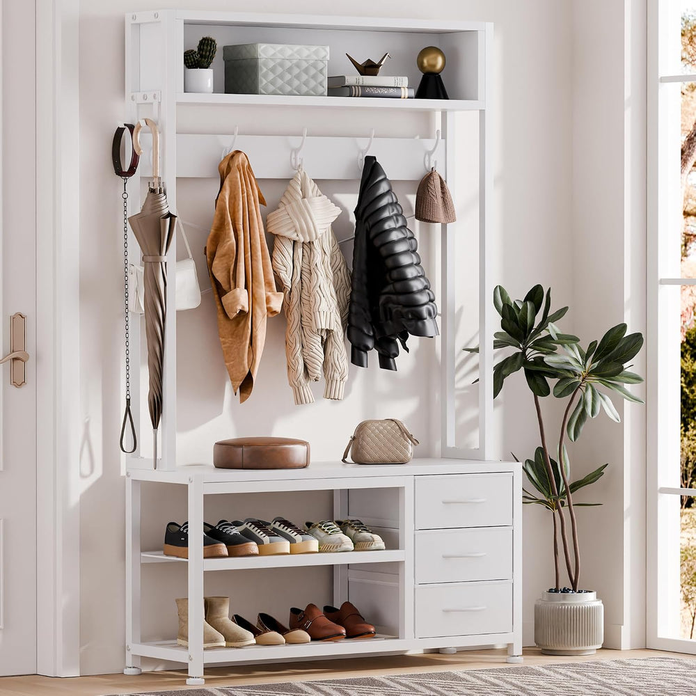 Hall Tree with Bench & 3 Drawers Storage 31.5" Coat Rack Entryway Or...
