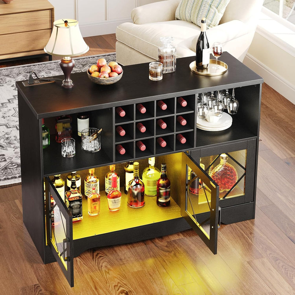 HOOBRO Bar Cabinet with Power Outlet, Modern Liquor Cabinet with Wine Rack &a...