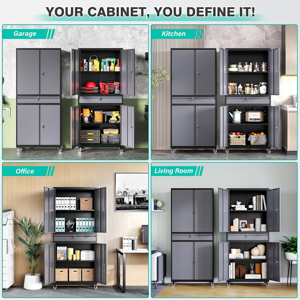 Metal Garage Storage Cabinet with Wheels and Drawer,Gray Rolling Garage Cabin...