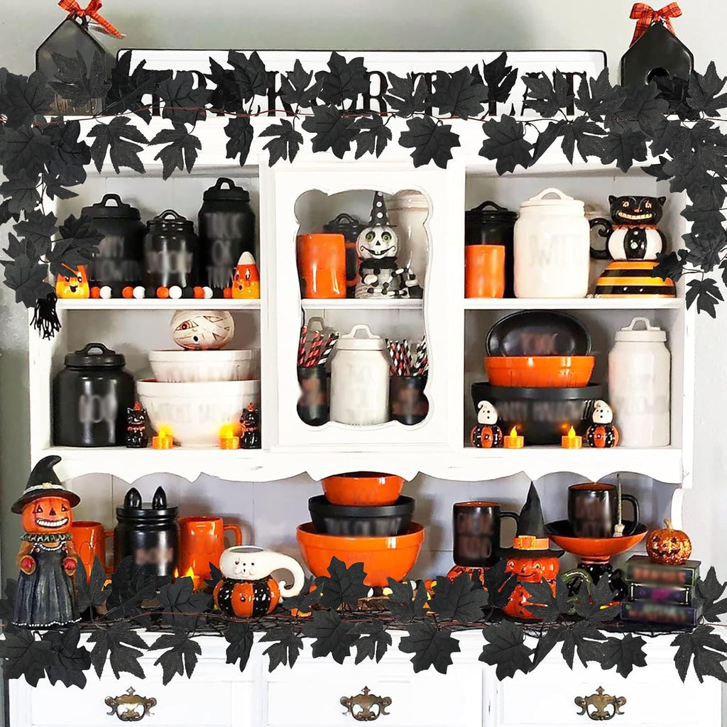Obbsie 8 Pack 7.8Ft Black Maple Leaf Garland, Halloween Fall Decor