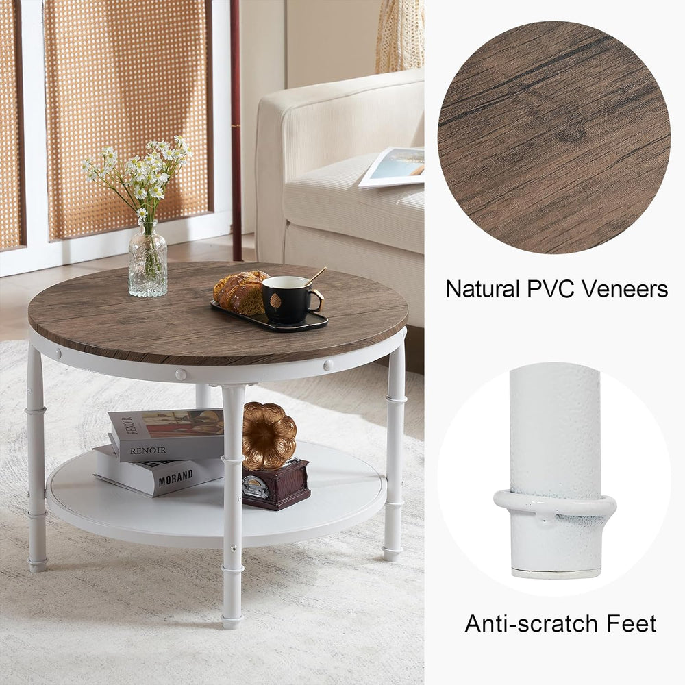 VINGLI 25.6" Round Farmhouse Coffee Table with Storage, Dark Walnut White
