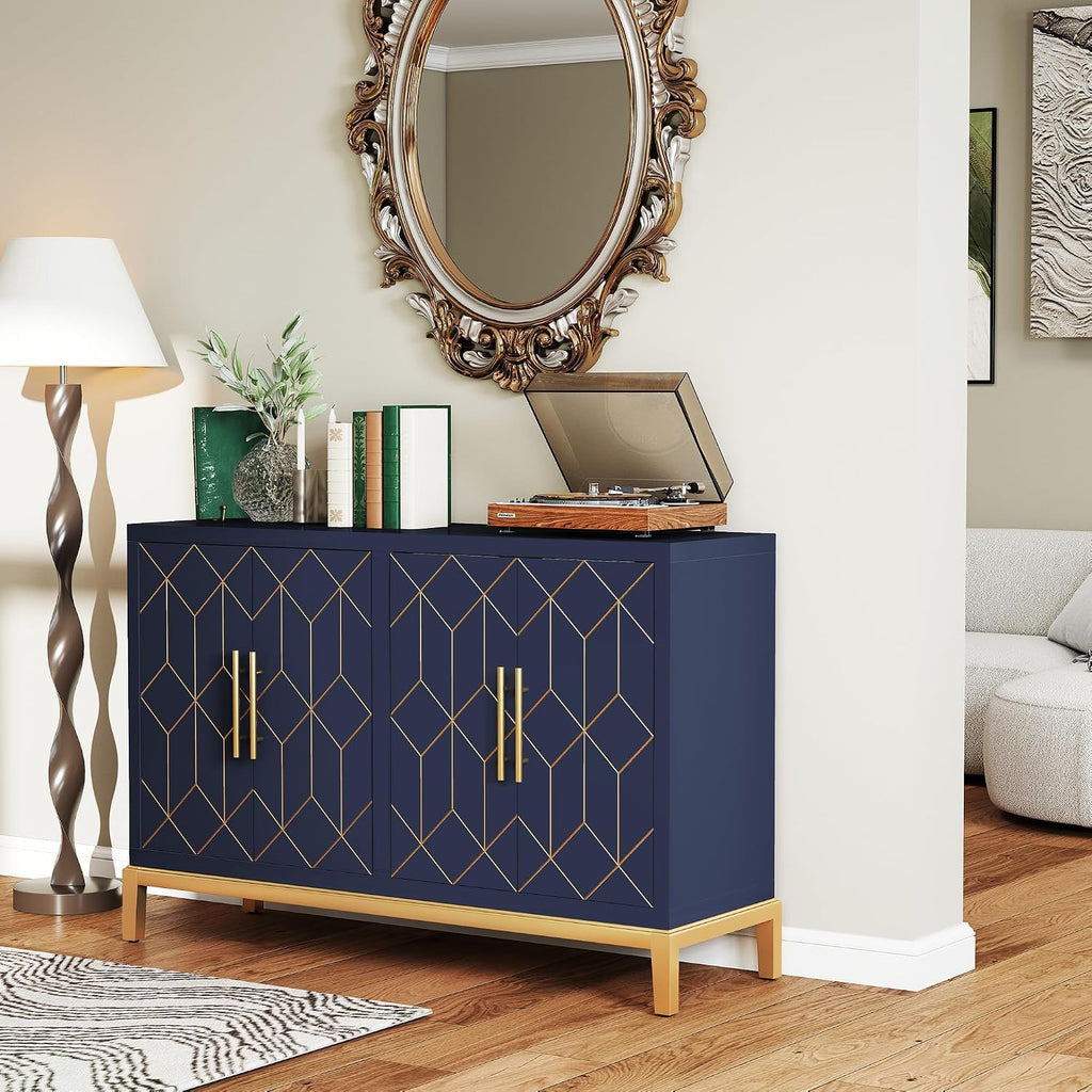 47.8" Storage Accent Cabinet with 4 Doors, Modern Sideboard Buffet Cabinet with Gold Lines, Wood Decorative Credenza with Storage for Living Room, Kitchen, Dining Room, Entryway, Blue
