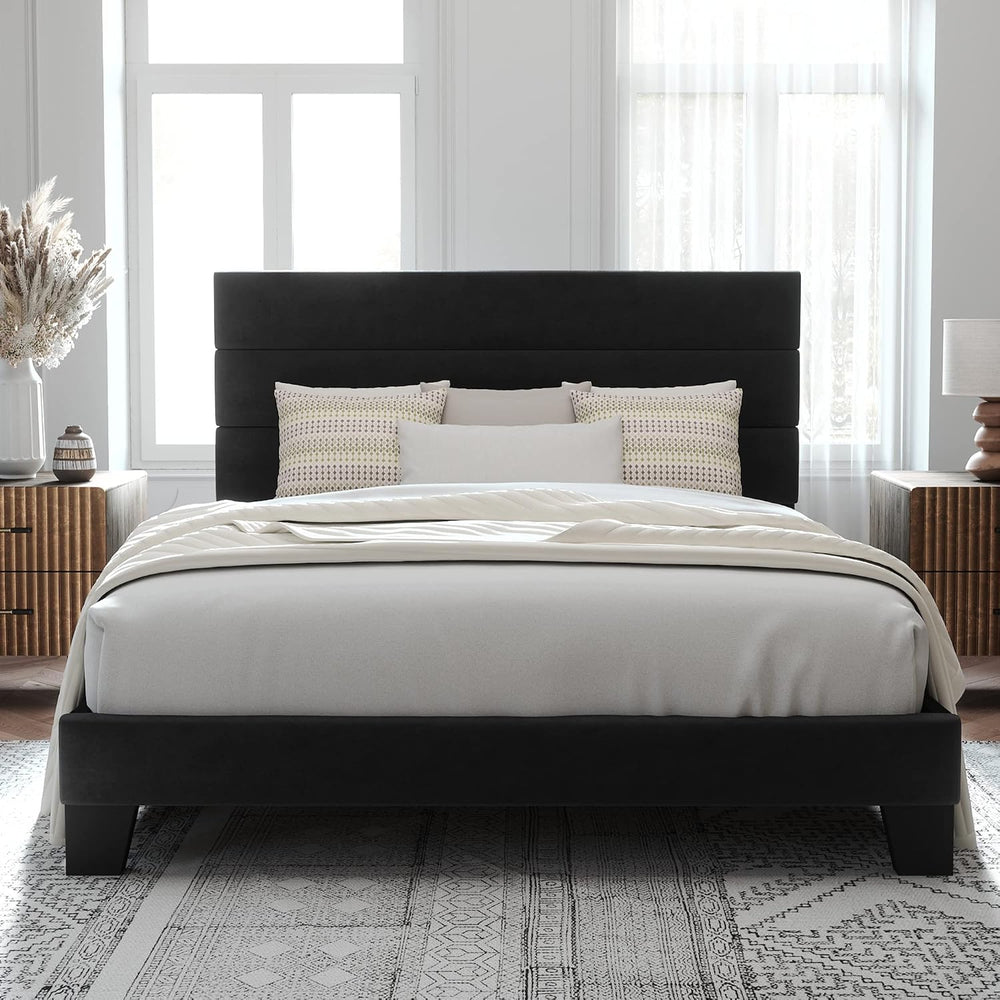 Allewie Queen Size Platform Bed Frame with Velvet Upholstered Headboard