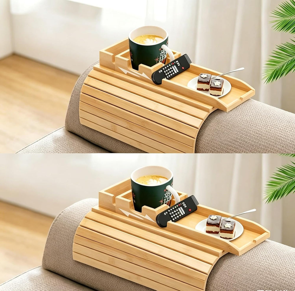 2 Pack Bamboo Couch Cup Holder, Foldable and Anti-Slip Sofa Arm Table with De...